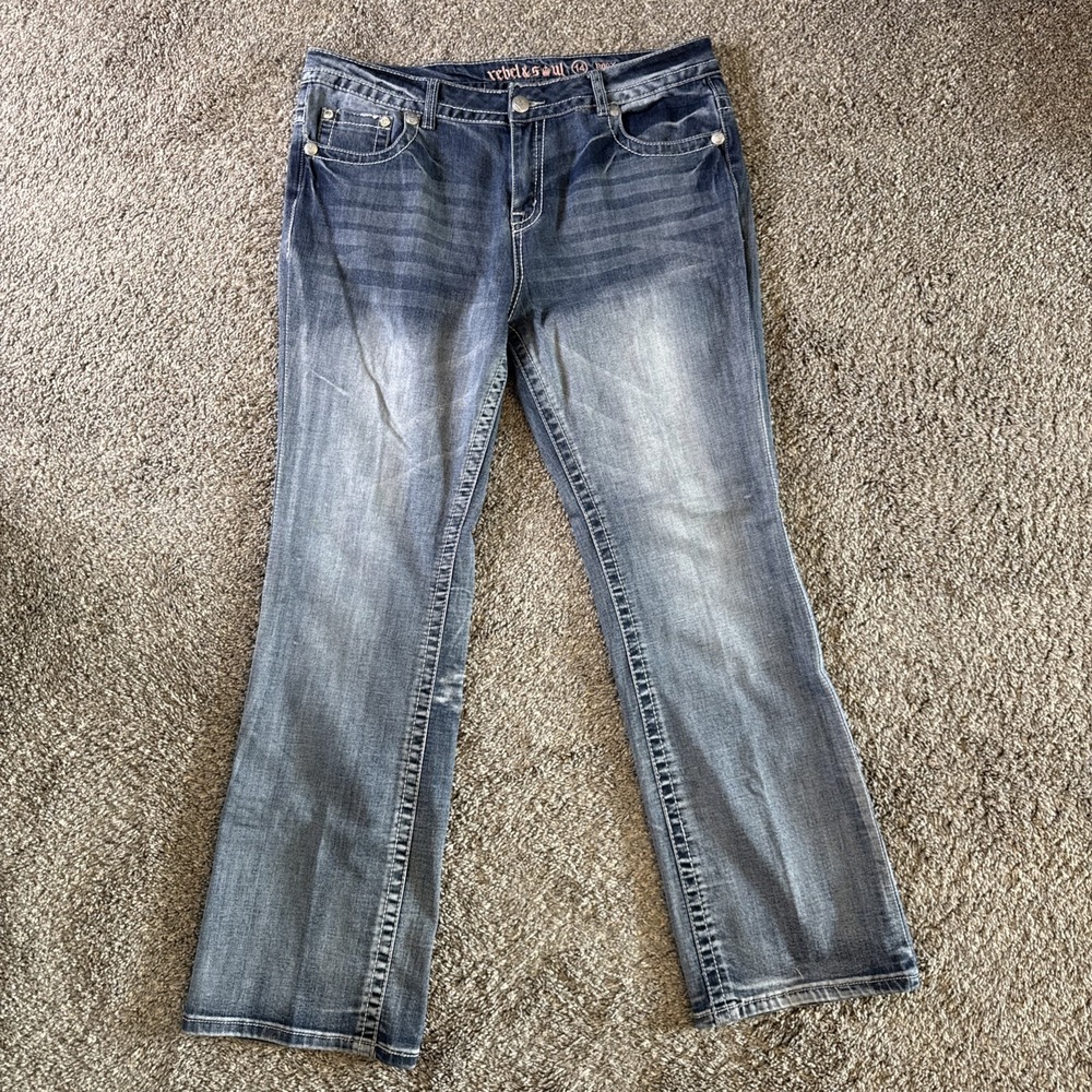 Rebel & Soul Womens Bootcut Rhinestone Flap Pocket Blue Jeans Size 14